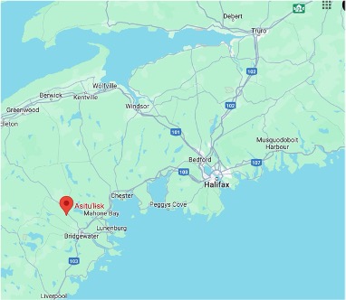 Map of Nova Scotia showing location of Asitulsk