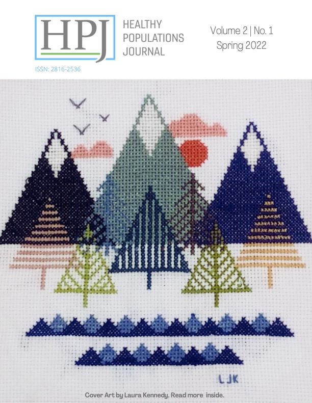 A cross stitch landscape with 3 mountains, trees, waves, and a bright orange sun..